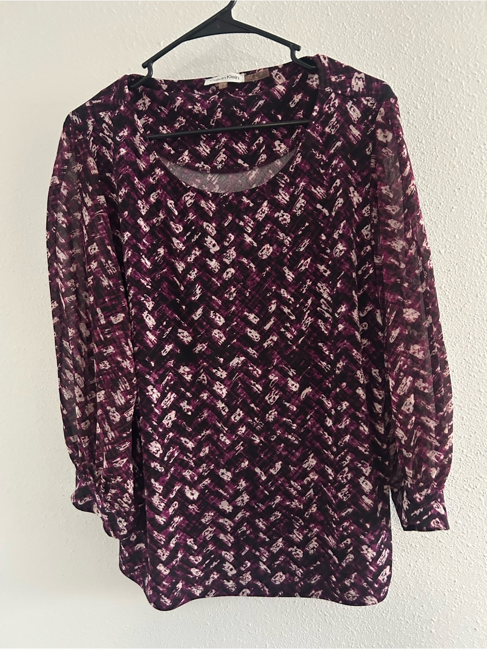 Calvin Klein Plum and Cream Patterned Long Sleeve Blouse